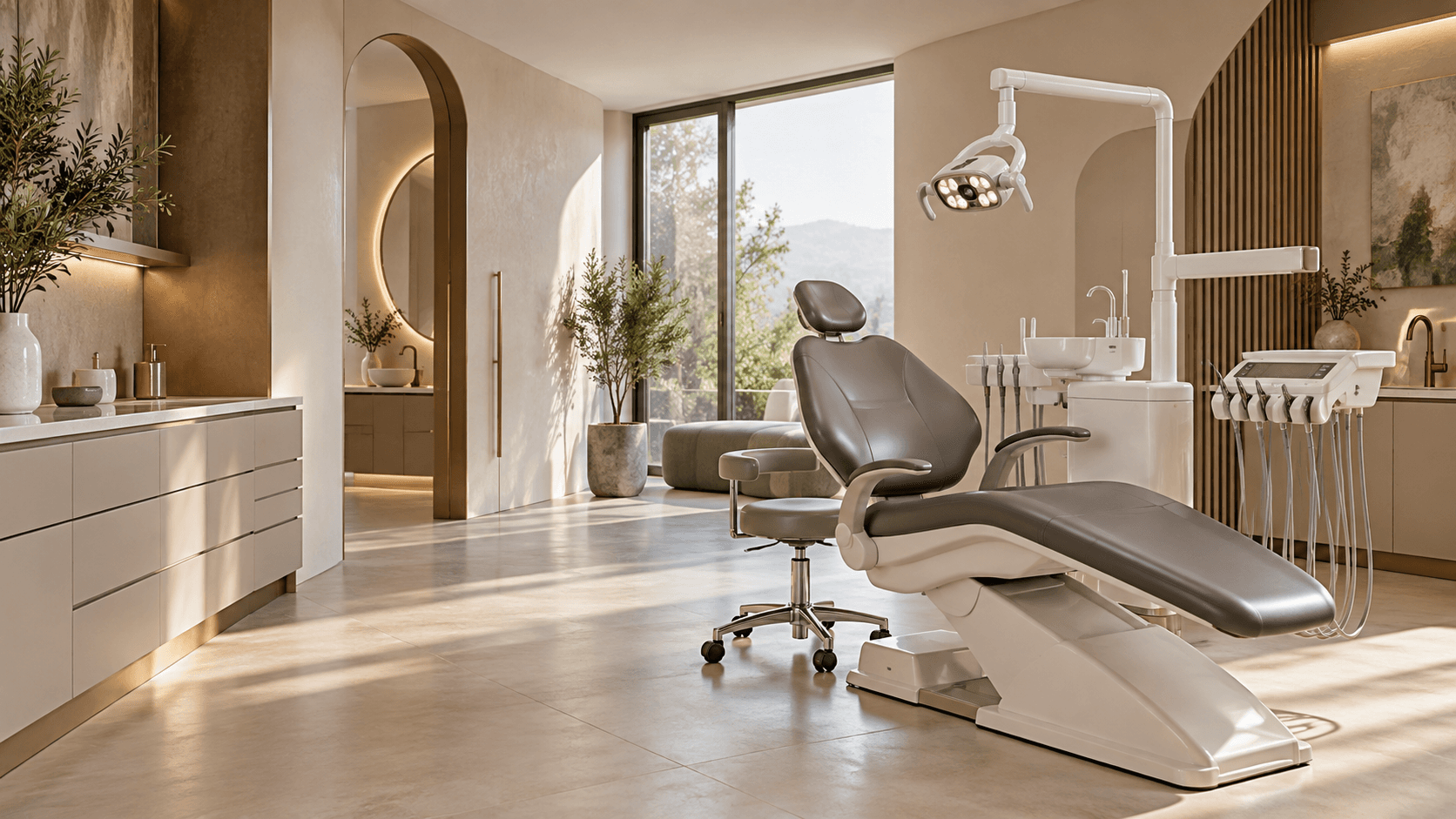 Demo visualization of a warm, contemporary dental treatment room